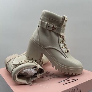 Wild Pair Bridgittp Cream Combat Boots Gold Hardware Lug Sole Block Heel Size 5M
